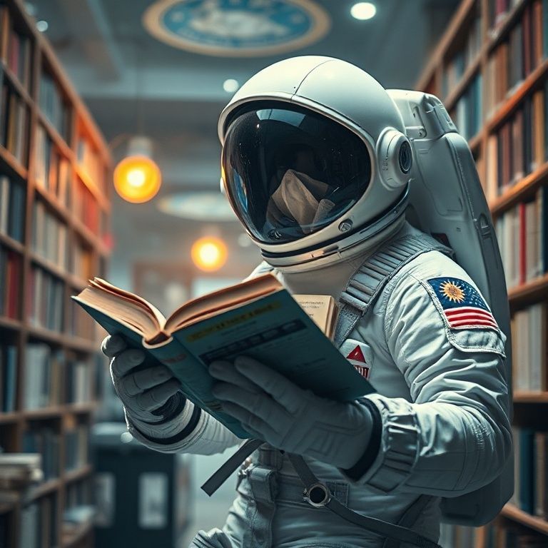 Exemplo de imagem: um astronauta lendo um livro numa biblioteca surreal