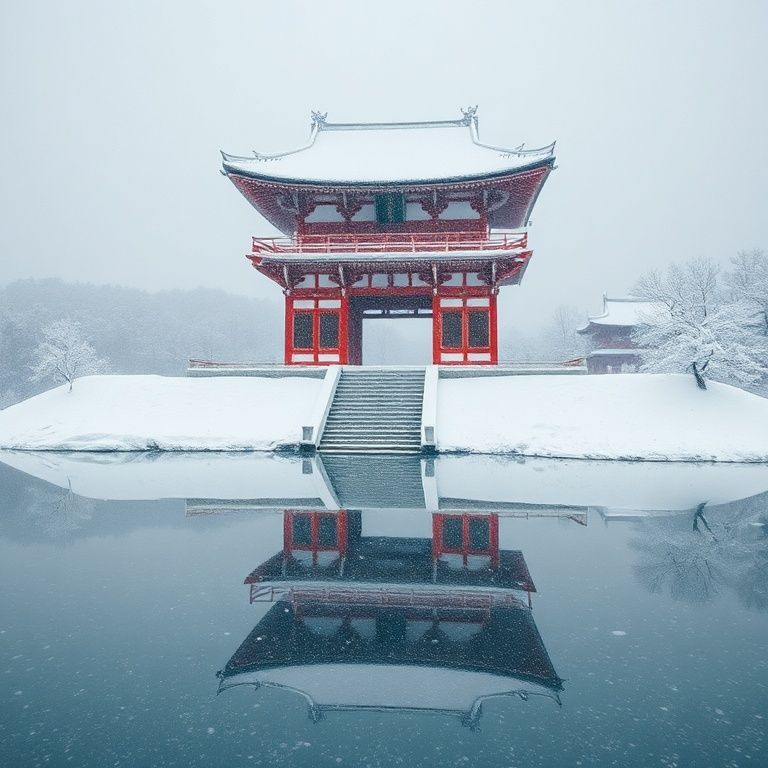 Exemplo de imagem: um templo japonês sob neve, aquarela minimalista