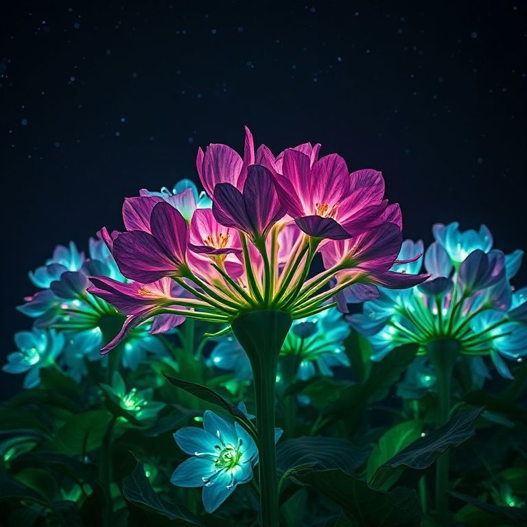 Exemplo de imagem: uma floresta bioluminescente à noite, fantasia